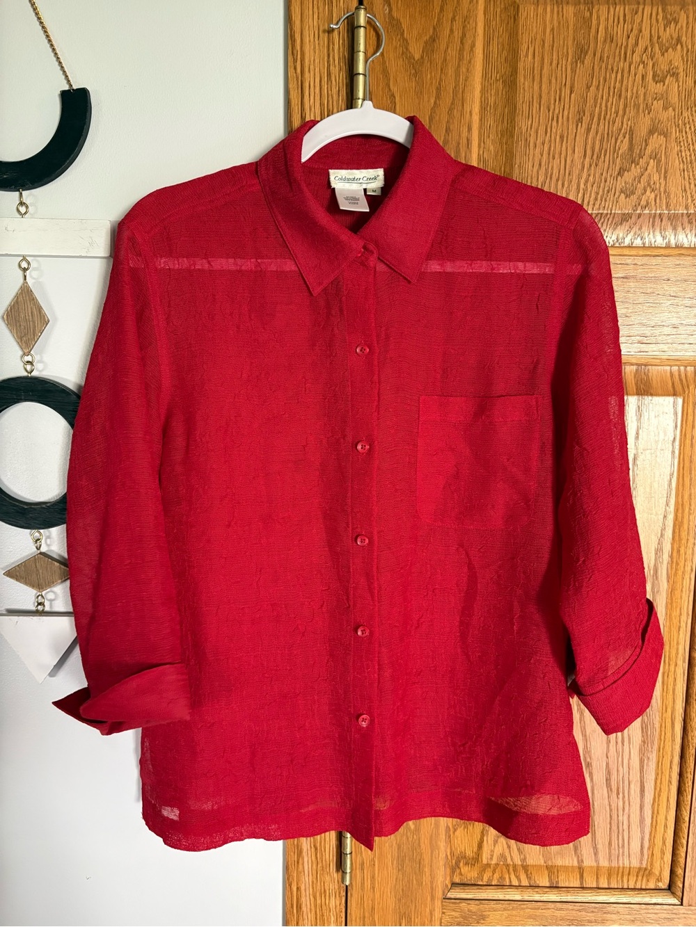 Coldwater Creek Red Button-Up Shirt Blouse